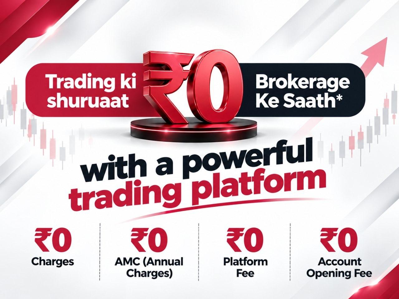 Trading ki shuruaat ₹0 brokerage ke saath, with a powerful trading platform. ₹0 charges, ₹0 AMC, ₹0 platform fee, ₹0 account opening fee.